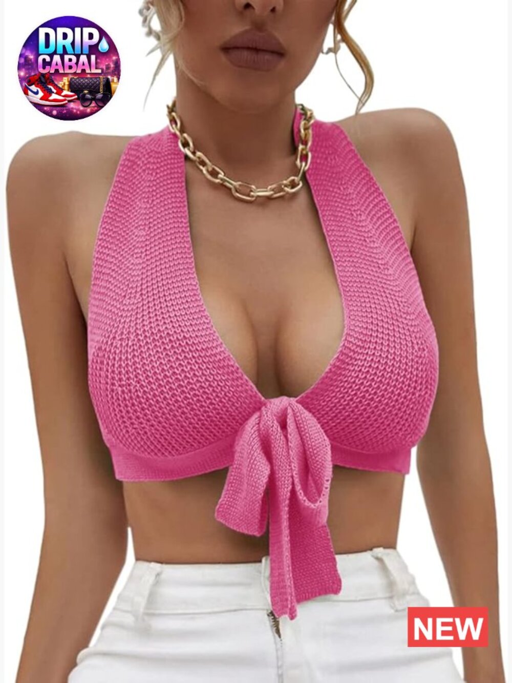 Sexy Deep V Neck Crop Top Halter Knit Ribbed Bow-Knot Backless Cami Tank
